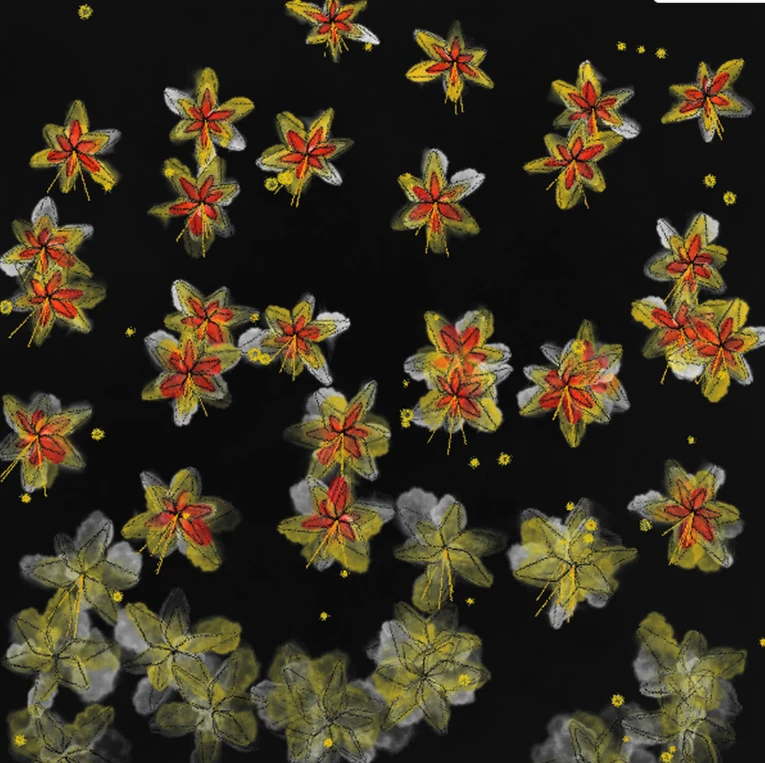 Abstract botanical artwork combining painted flowers with fine technical linework.